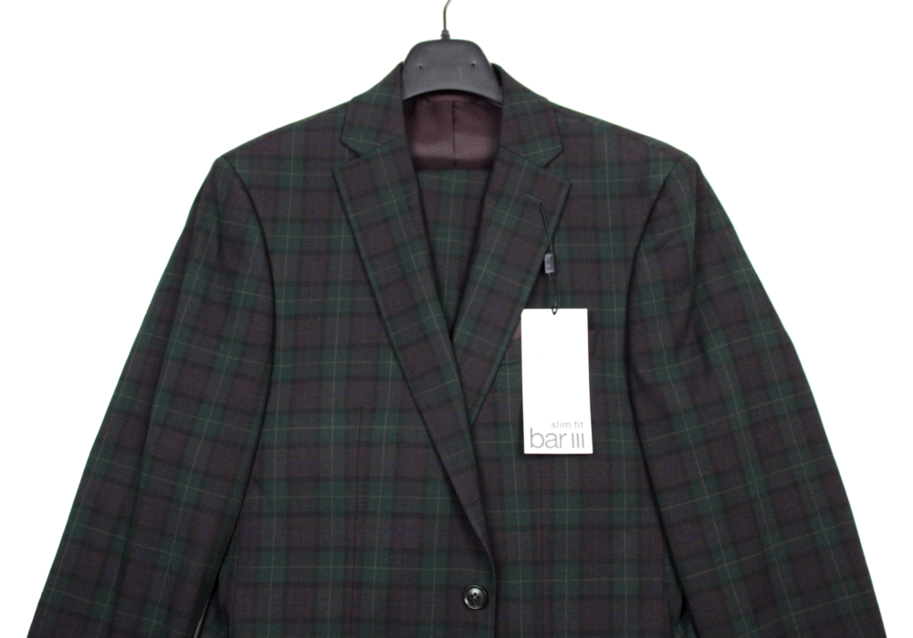 Bar iii Suit Mens 38 L 32W Green Burgundy Plaid Slim Fit Stretch 2 piece - Picture 9 of 10